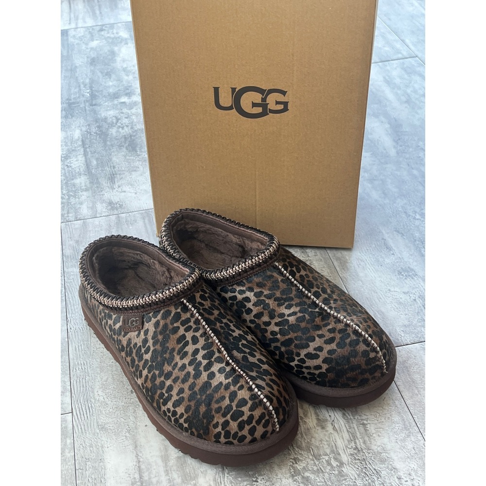 UGG Tasman Caspian Leopard Print Calf Hair Slippers Brown 1158350 Womens 11 - Picture 2 of 8
